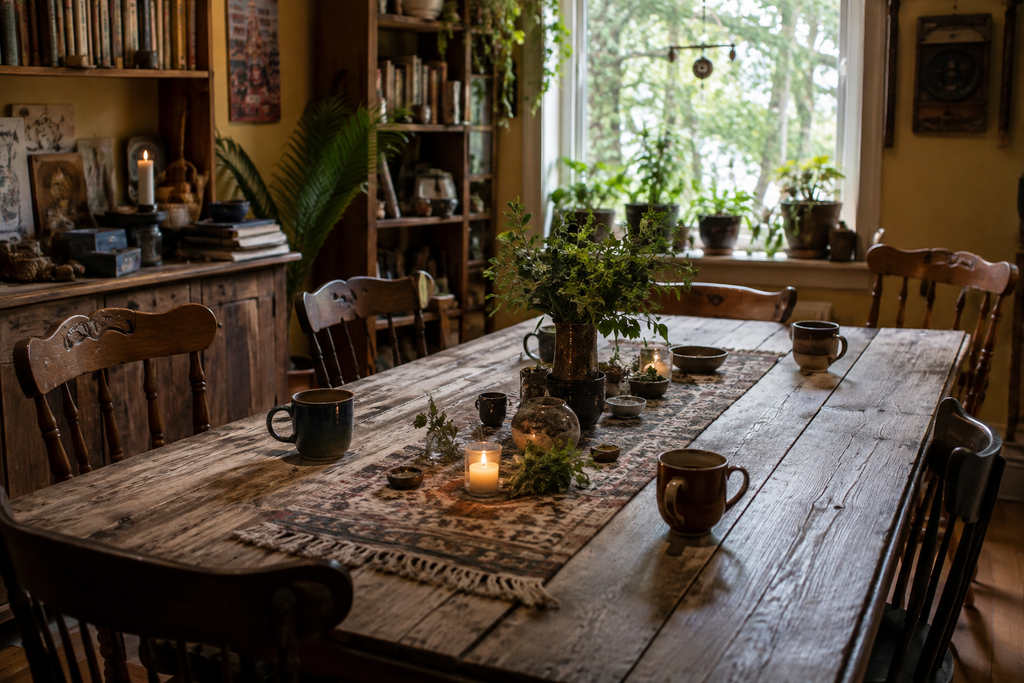 A warm wooden kitchen table surrounded by chairs, with mugs, candles, greenery and soft light, ready for women to gather.